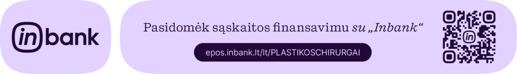 Violetinėje reklaminėje juostoje puikuojasi „inbank“ logotipas, su tekstu lietuvių kalba apie finansavimo galimybes išsimokėtinai per „Inbank“, dešinėje QR kodas, o apačioje – interneto adresas su paciento kodu.