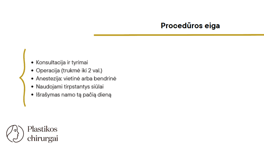 Skaidrėje pavadinimu „Procedūros eiga“ lietuvių kalba išvardinti lytinių lūpų plastikos procedūros etapai, įskaitant konsultaciją, operaciją, anestetiką, tirpstančias siūles, išleidimą tą pačią dieną ir Plastikos chirurgų logotipą apačioje kairėje.